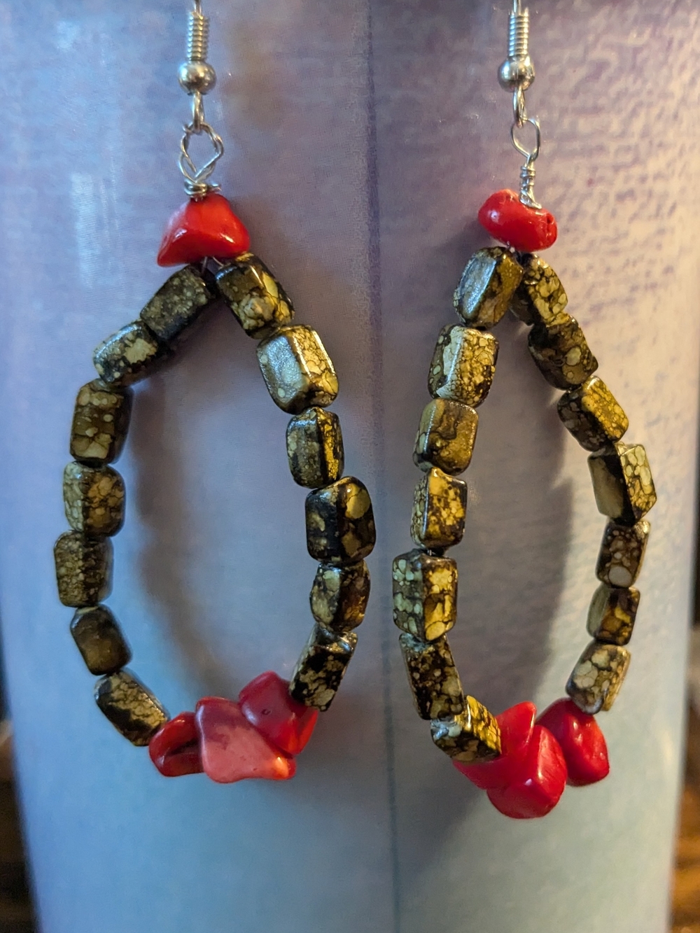 Handmade Camouflage & Red Beaded Hoop Earrings